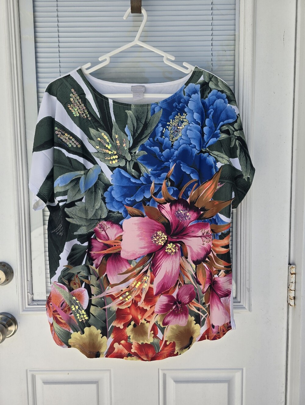 Chicos Floral Print Women’s Tee - Pink & Blue - Large